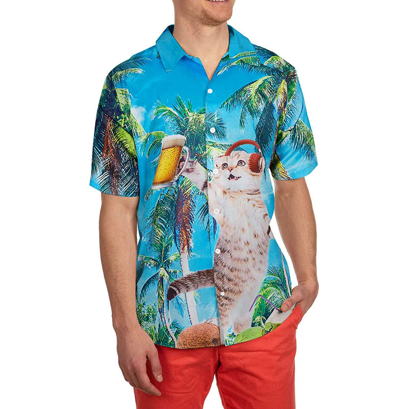 Palm Tree Music Beer Cat Novelty Hawaiian Shirt