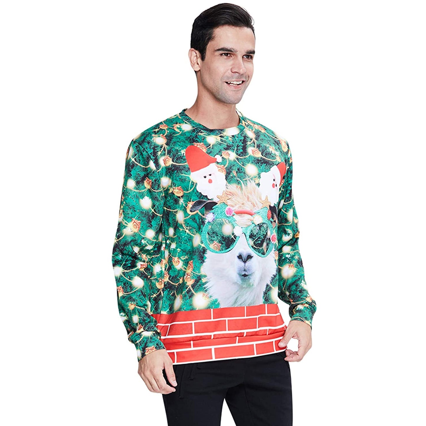 Lustiger hässlicher Weihnachtspullover mit Brille und Lama