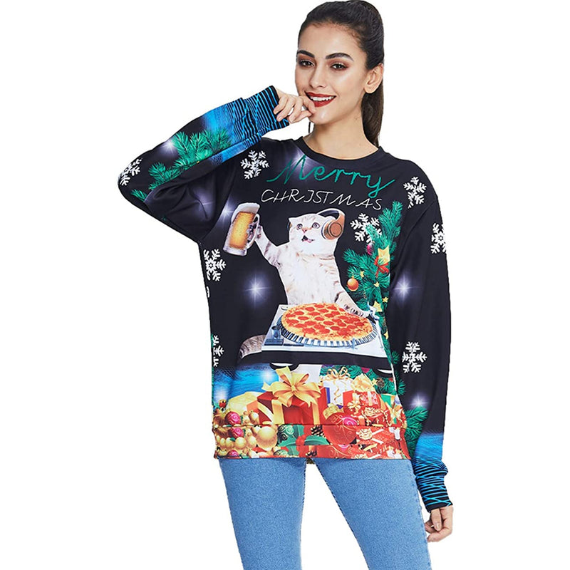 DJing Beer Pizza Cat Ugly Christmas Sweater