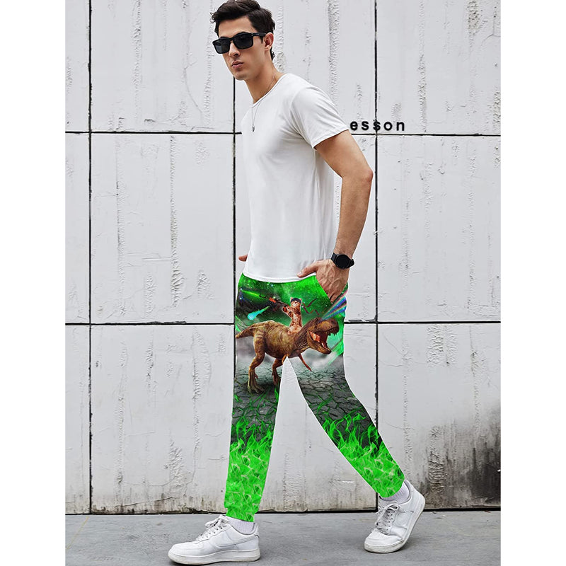 Green Gun Cat Riding Dinosaur Funny Sweatpants