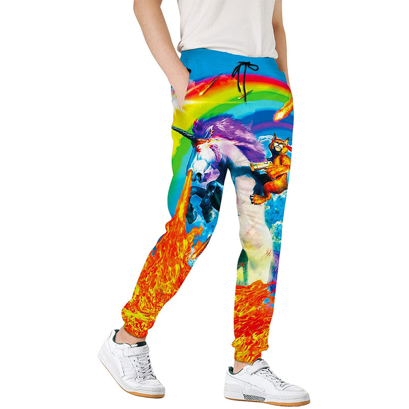 Rainbow Cat Riding Unicorn Funny Sweatpants