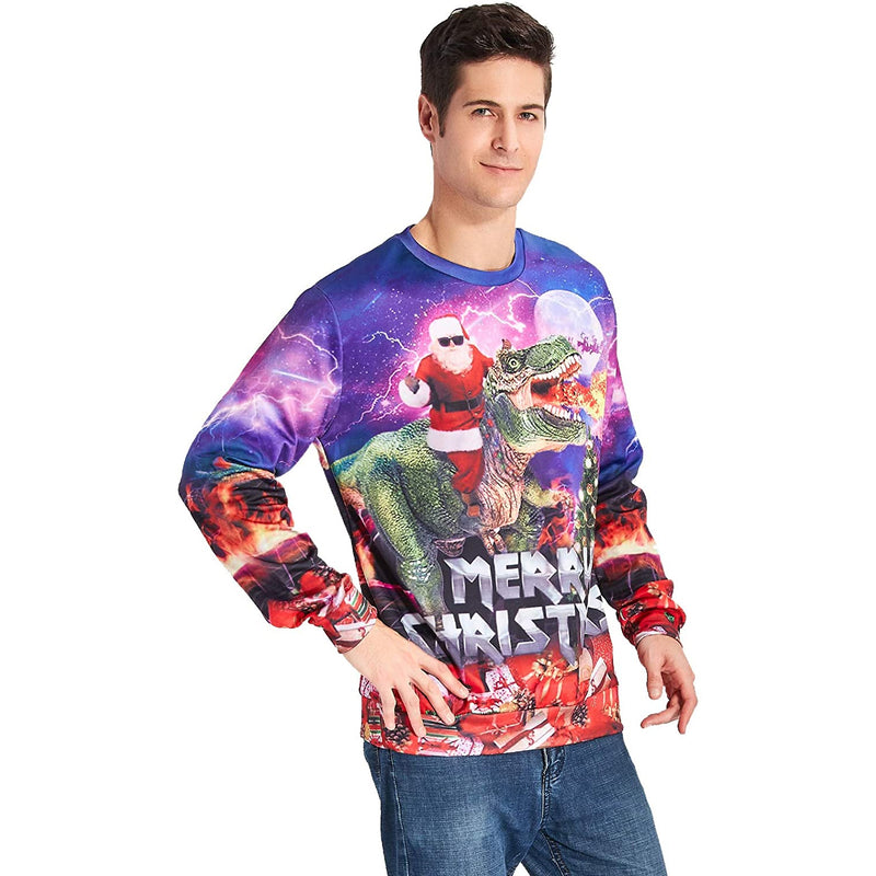 Santa Claus Riding Dinosaur Ugly Christmas Sweater
