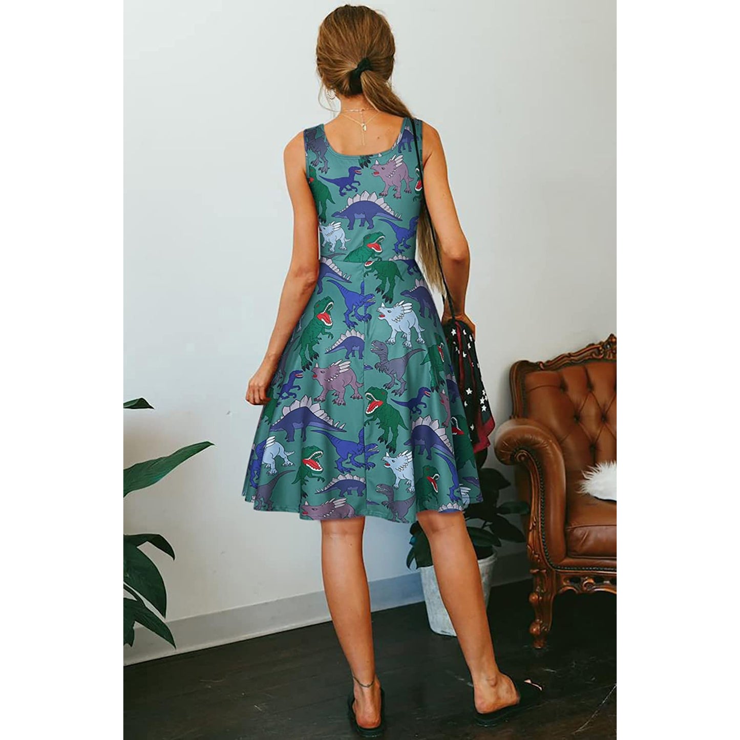Lustiges Kleid in Dinosaurier-Grün für Damen