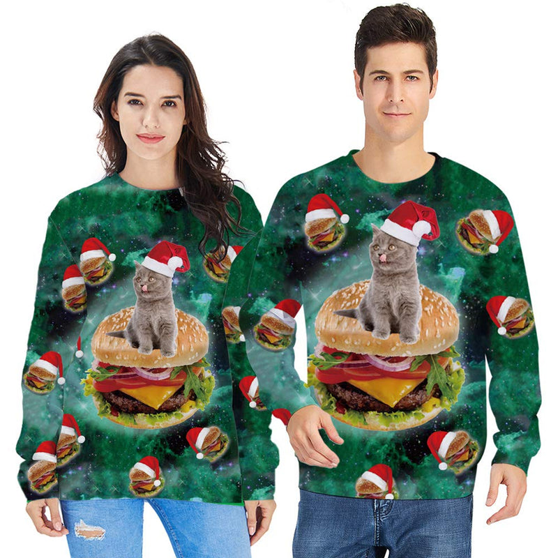 Cat Sitting Hamburger Green Ugly Christmas Sweater