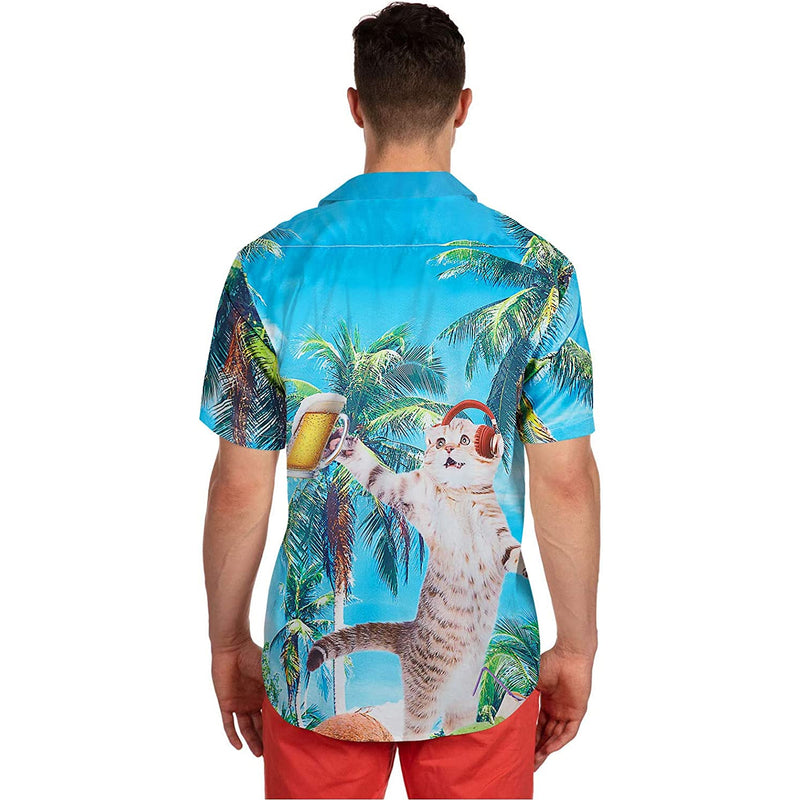 Palm Tree Music Beer Cat Novelty Hawaiian Shirt