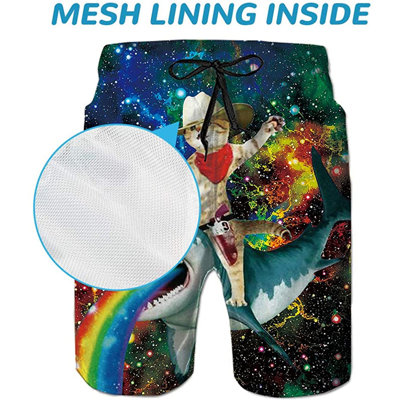 Space Cat Riding Shark Rainbow Funny Swim Trunks