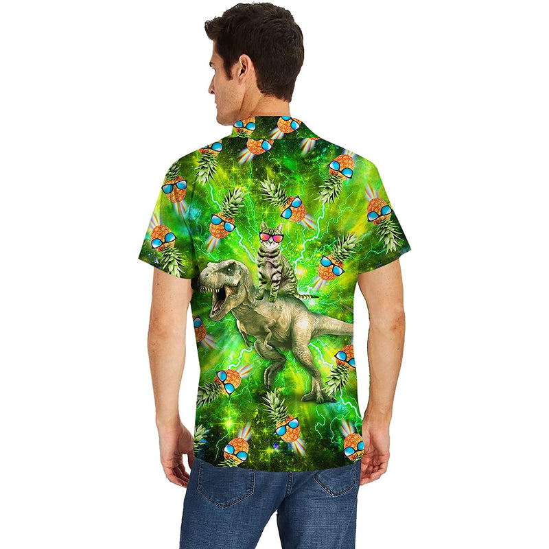 Pineapple Cat Riding Dinosaur Funny Hawaiian Shirt