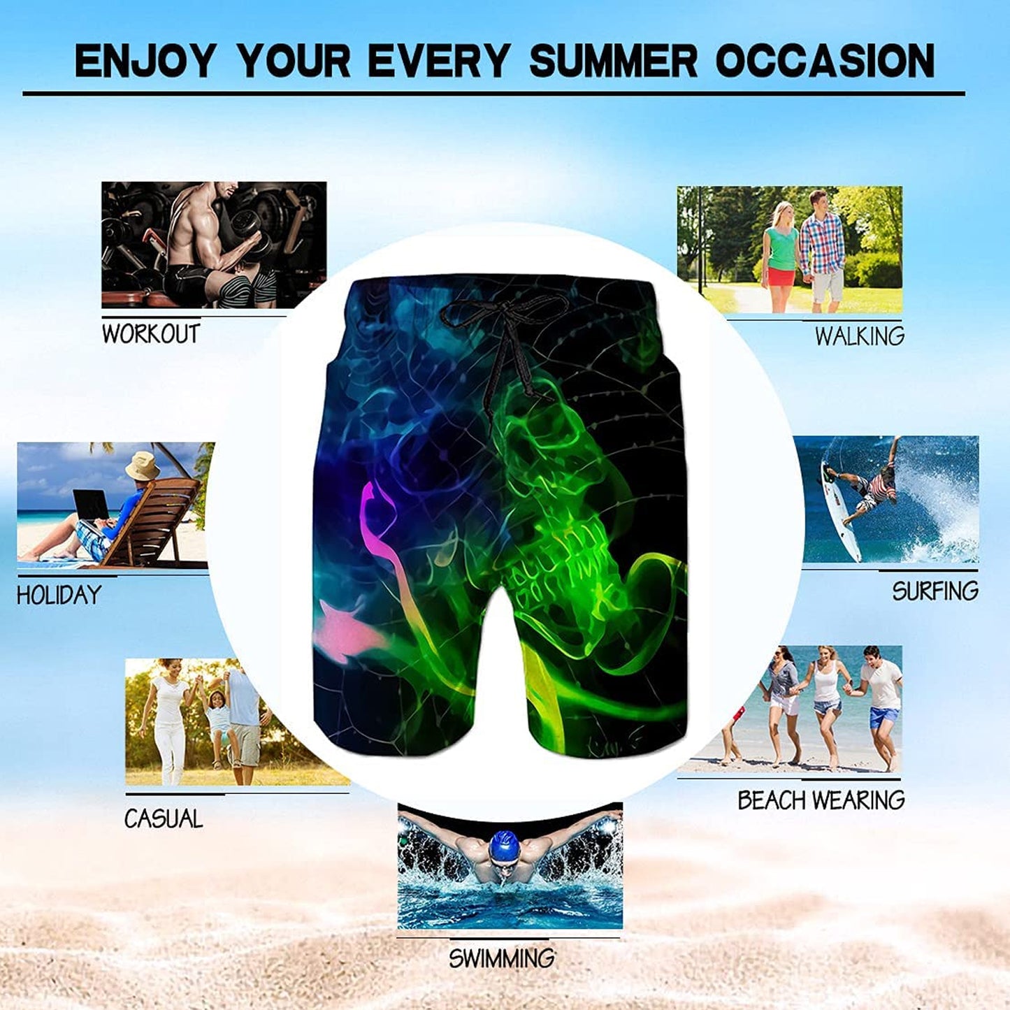 Colorful Smoke Skull Funny Swim Trunks