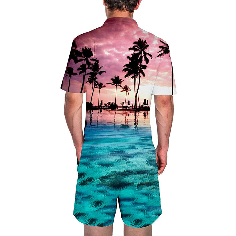 Sunset Palm Tree Flamingo Men Romper