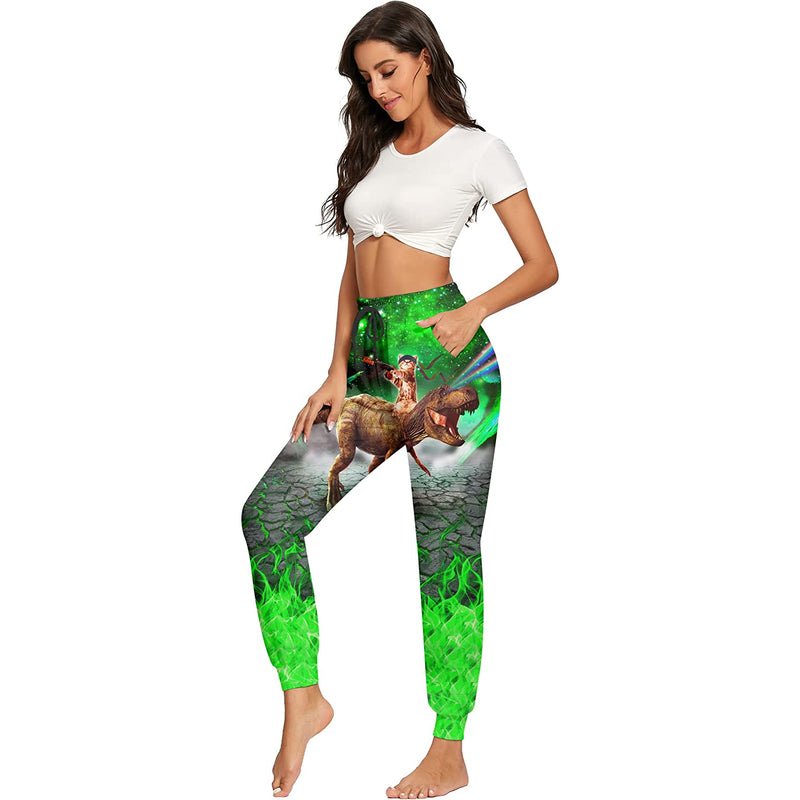 Green Gun Cat Riding Dinosaur Funny Sweatpants