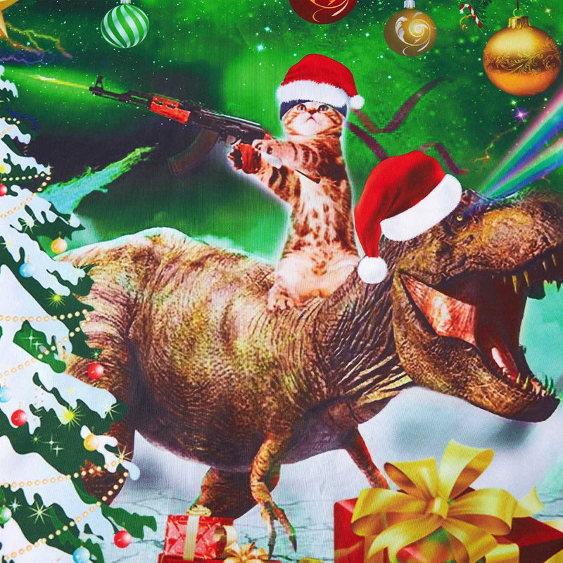 Gun Cat Riding Dinosaur Green Ugly Christmas Sweater