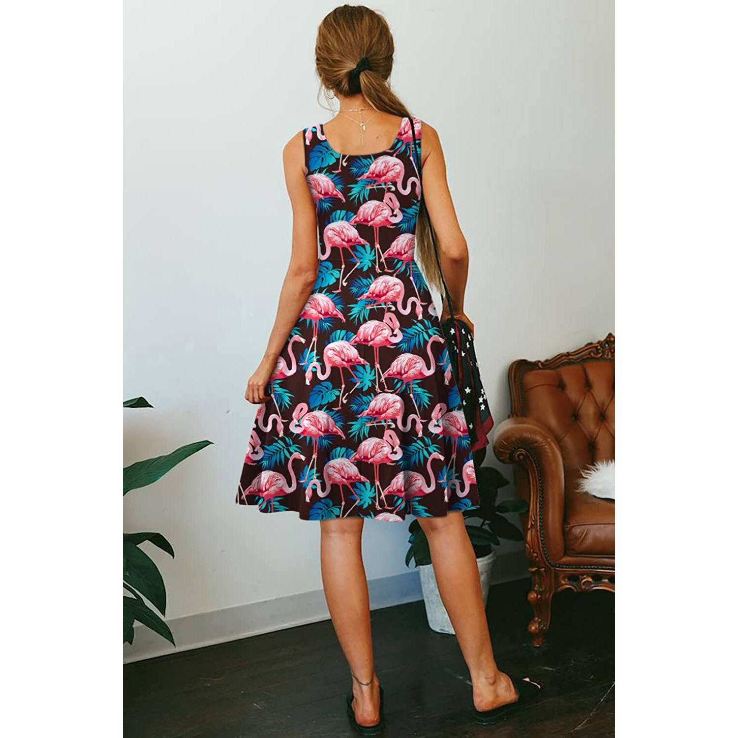 Leaf Pink Flamingo Funny Dress for Women 2XL Leaf Pink Flamingo Funny Dress for Women 2XL