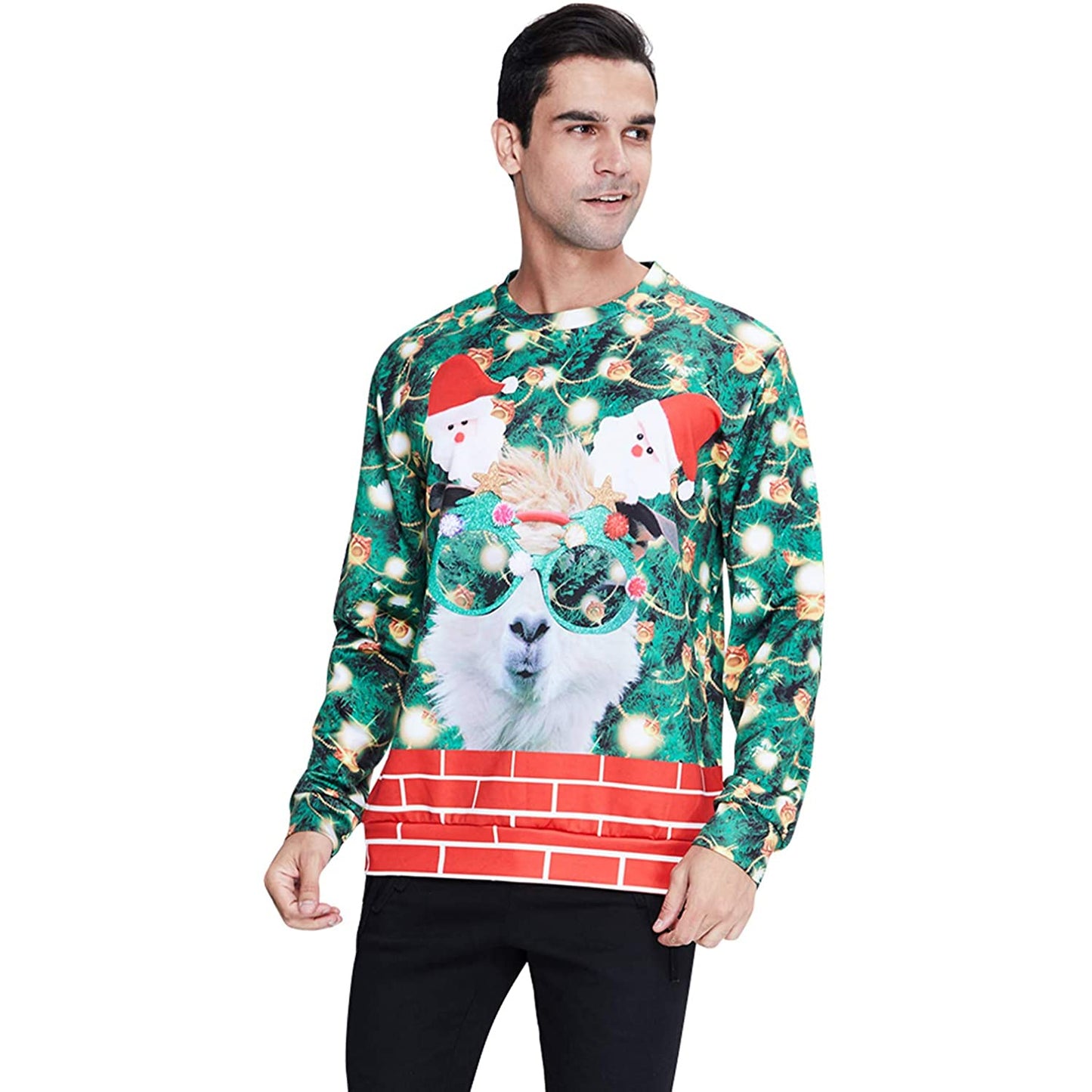 Lustiger hässlicher Weihnachtspullover mit Brille und Lama
