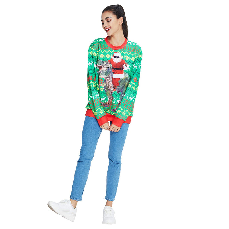 Santa Claus Riding Dinosaur Green Ugly Christmas Sweater