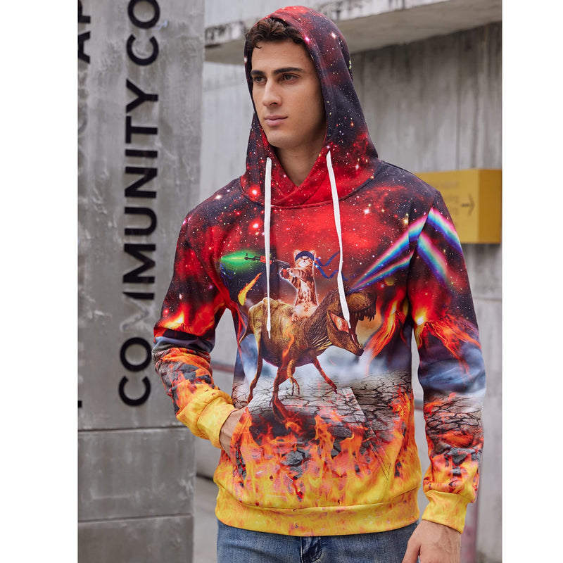 Red Galaxy Gun Cat Riding Dinosaur Funny Hoodie