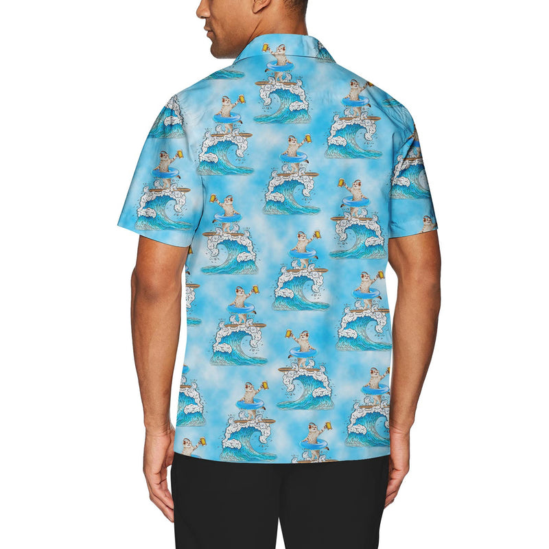 Beer DJ Surfing Cat Blue Funny Hawaiian Shirt