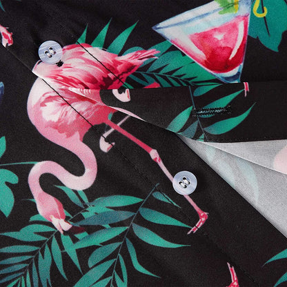 pink flamingo dress shirt Pink Flamingo Men Button Up Shirt, Tropical Short Sleeve Print Casual Buttoned Down Summer Guys Collared Dress Shirt