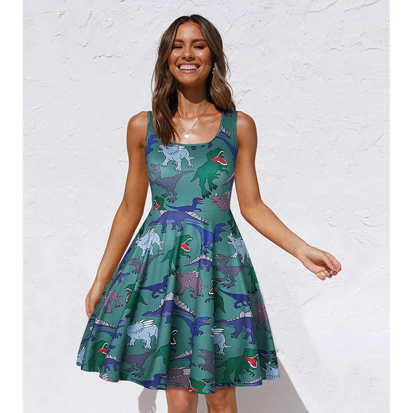 Lustiges Kleid in Dinosaurier-Grün für Damen