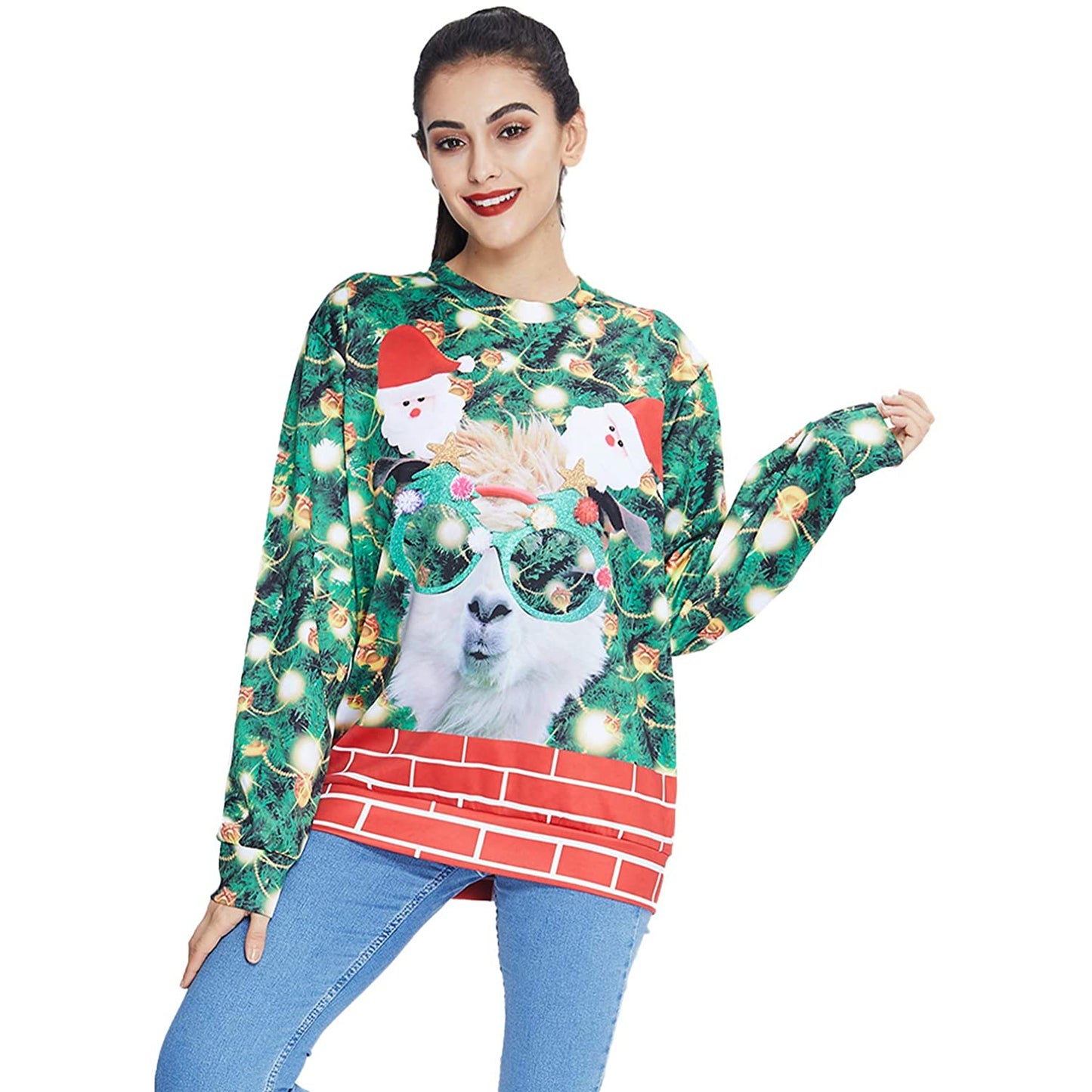 Lustiger hässlicher Weihnachtspullover mit Brille und Lama
