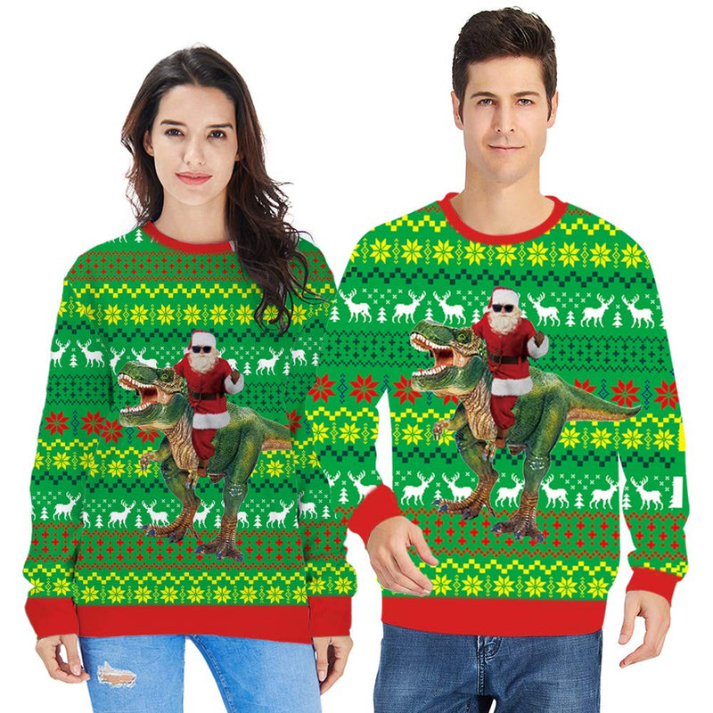 Santa Claus Riding Dinosaur Green Ugly Christmas Sweater