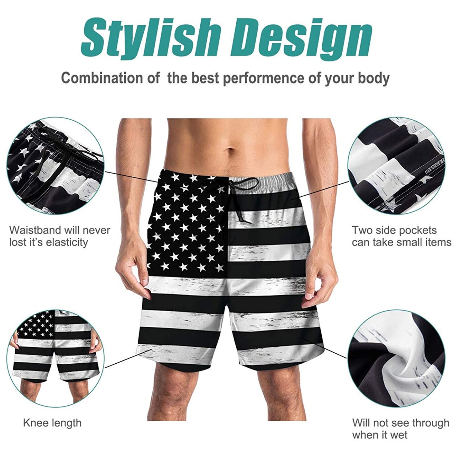 Schwarze lustige Badehose mit amerikanischer Flagge