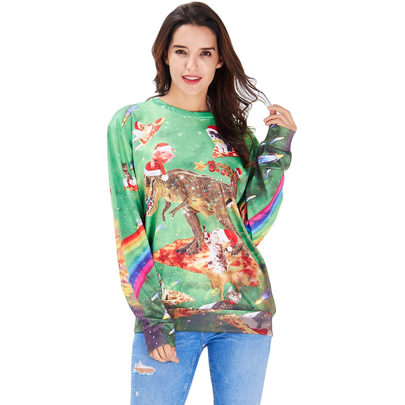 Rainbow Dinosaur Pizza Cat Ugly Christmas Sweater