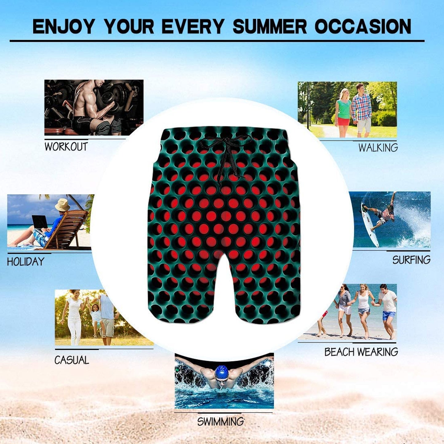 Red Honeycomb Funny Swim Trunks
