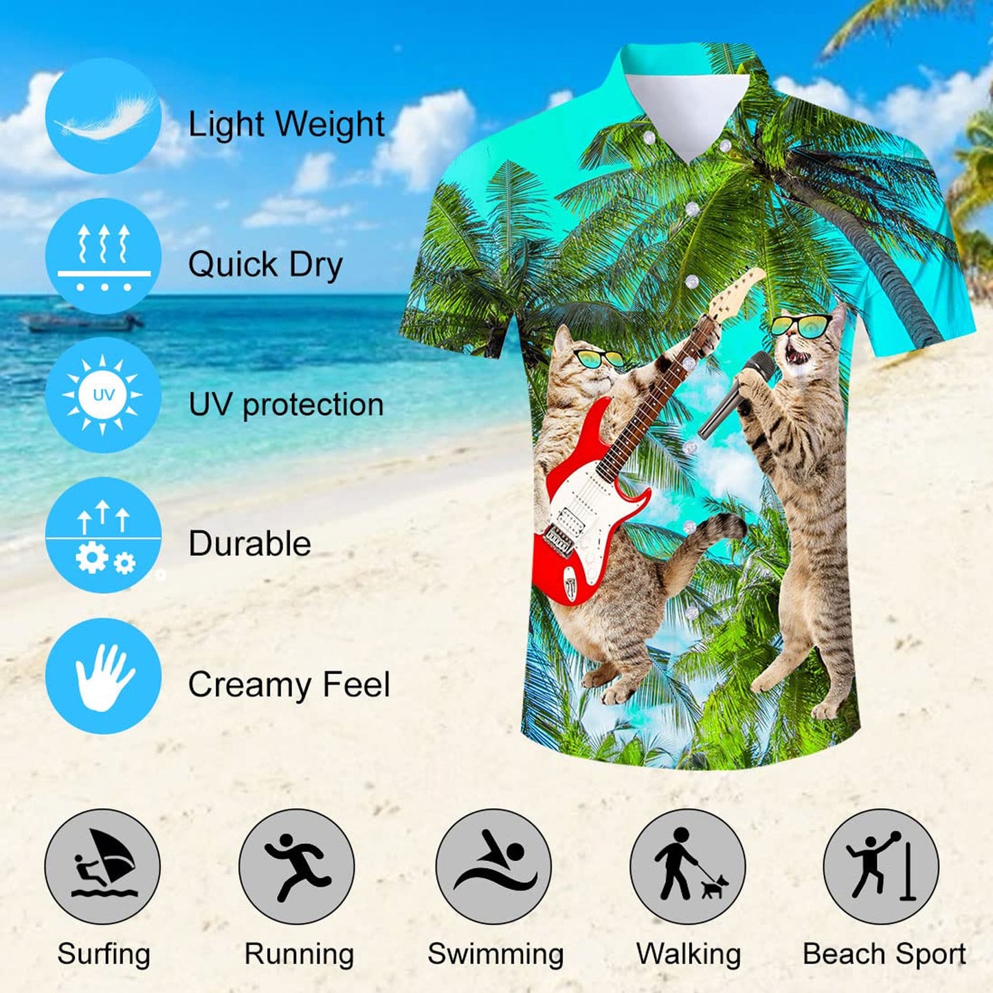 Palm Tree Guitar Cat Funny Hawaiian Shirt