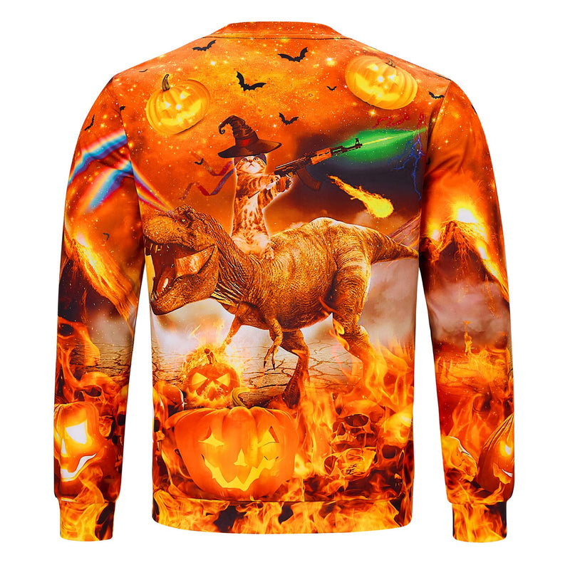 Pumpkin Cat Riding Dinosaur Halloween Ugly Christmas Sweater