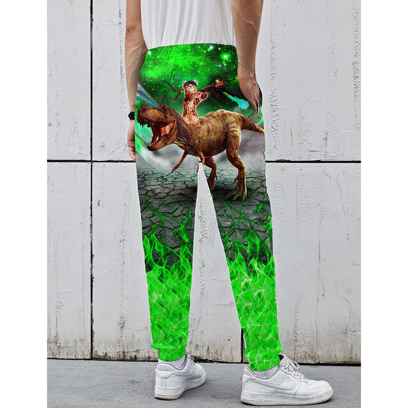 Green Gun Cat Riding Dinosaur Funny Sweatpants