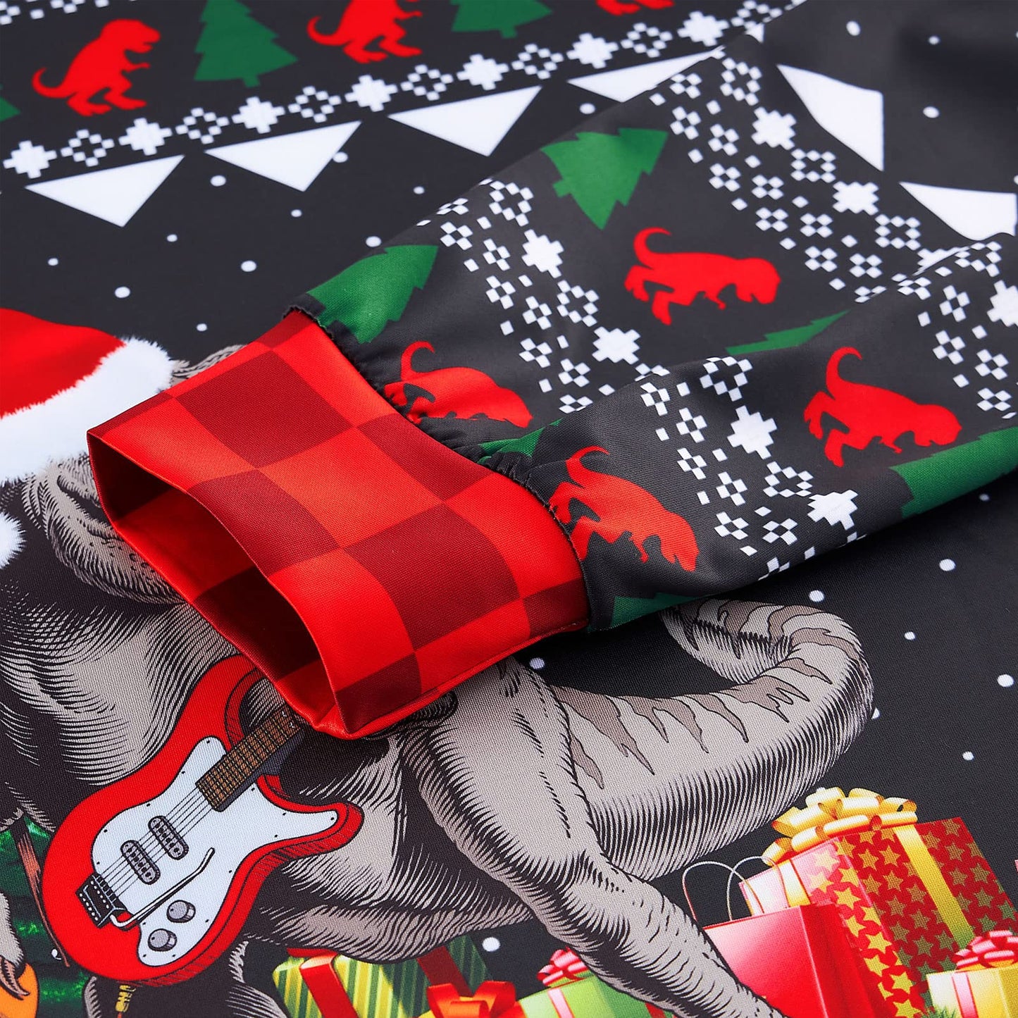 Schwarzer hässlicher Weihnachtspullover mit Musik-Dinosaurier