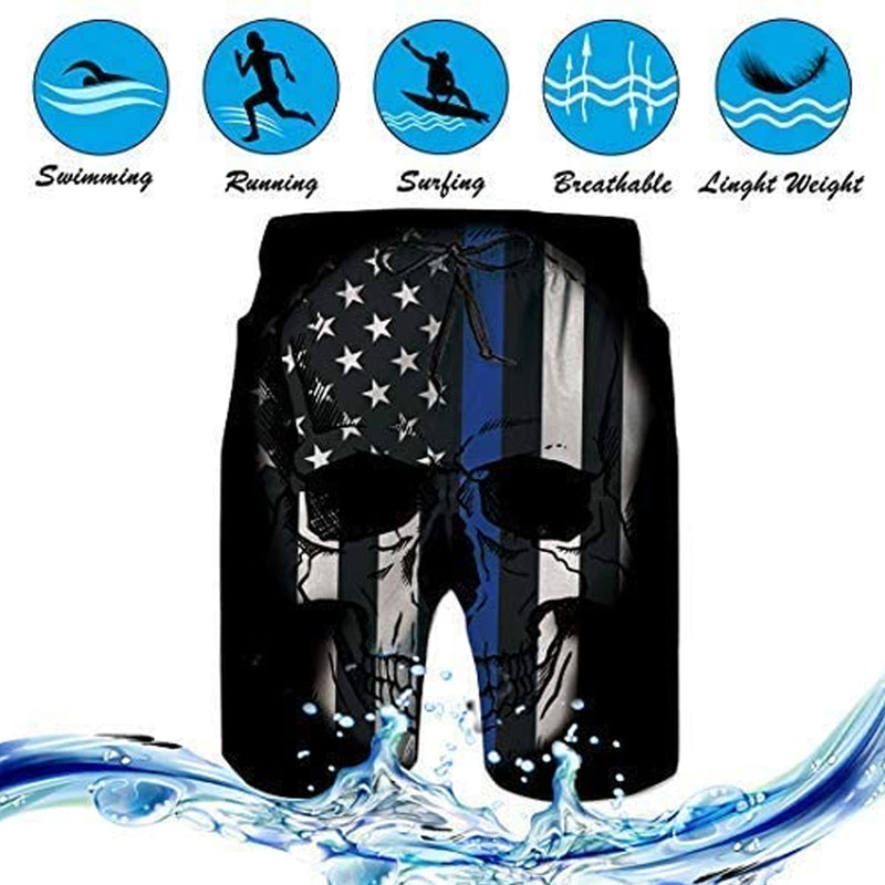 Blue American Flag Skull Funny Swim Trunks