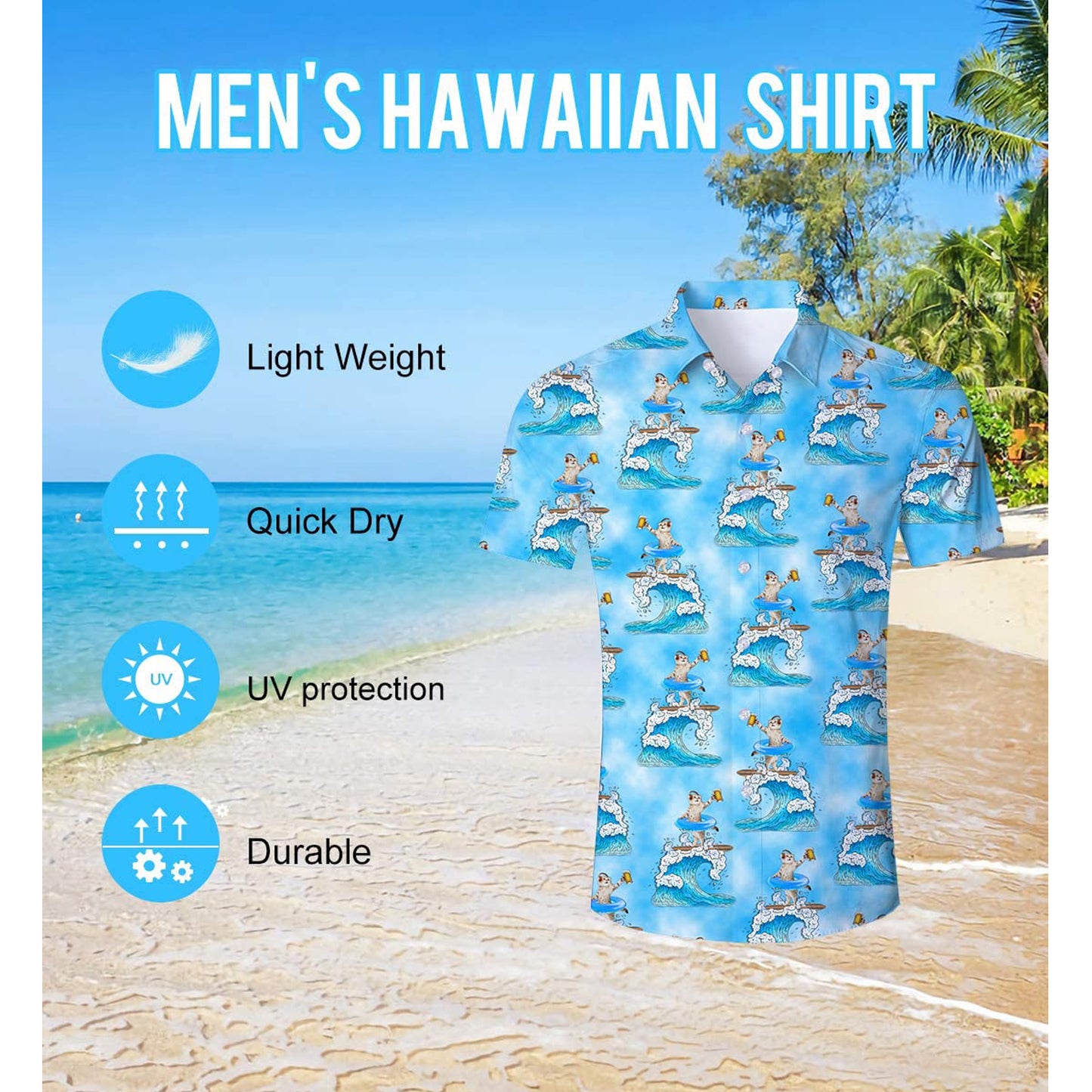 Bier DJ Surfende Kat Blauw Grappig Hawaiiaans Shirt