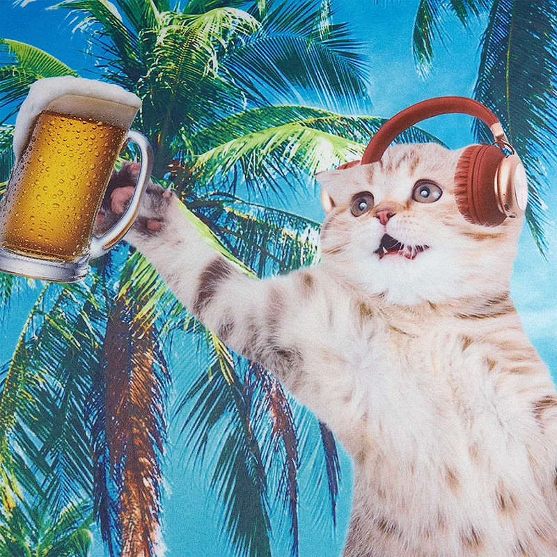 Palm Tree Music Beer Cat Novelty Hawaiian Shirt