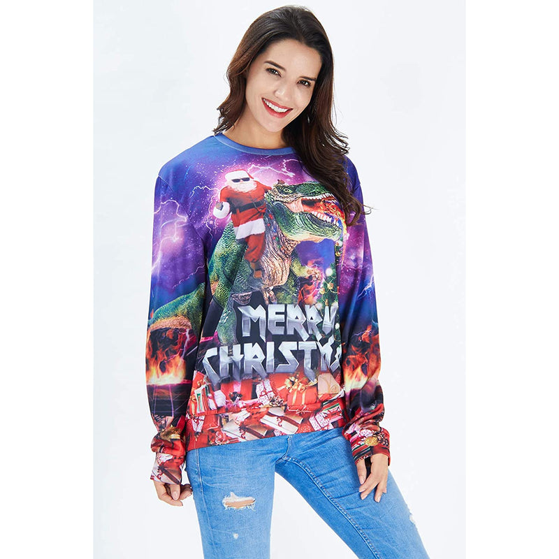 Santa Claus Riding Dinosaur Ugly Christmas Sweater