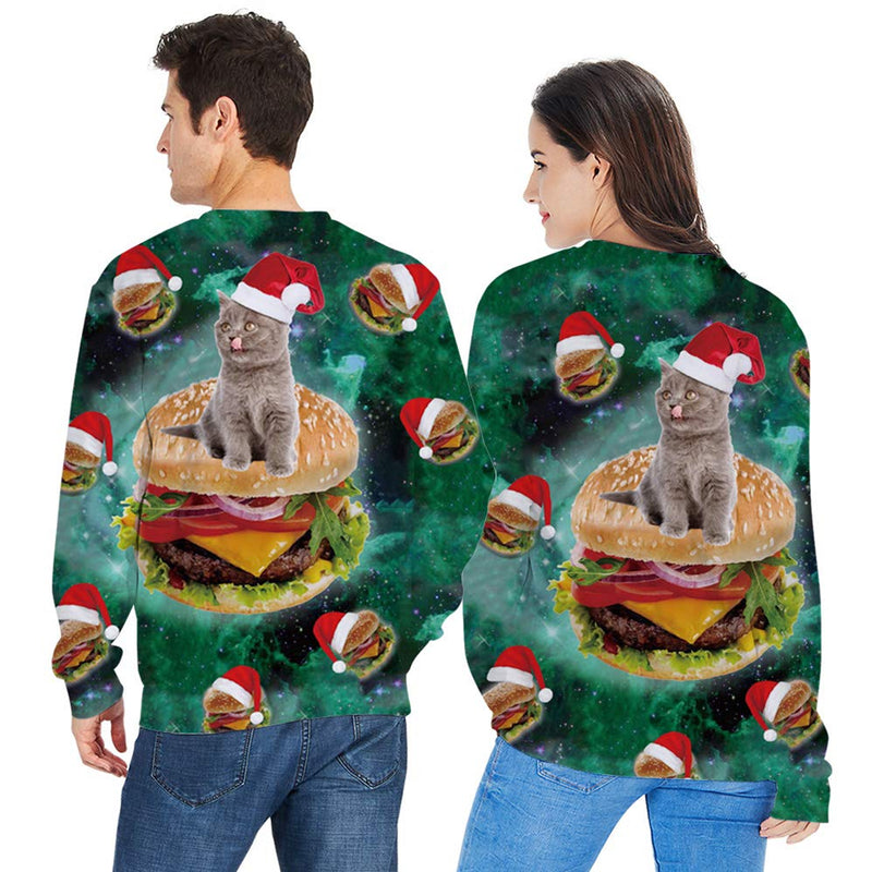 Cat Sitting Hamburger Green Ugly Christmas Sweater